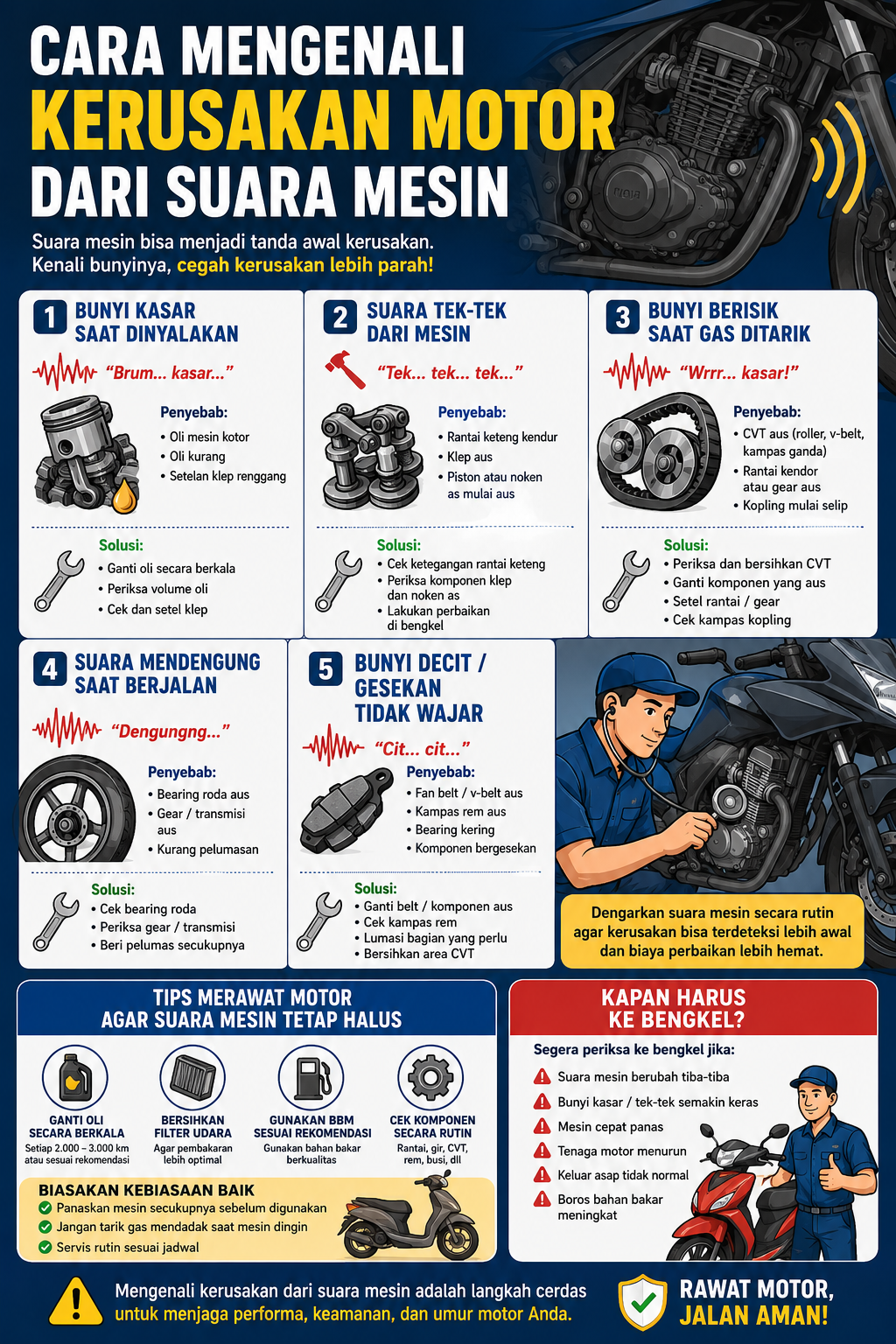 Pahami tanda kerusakan motor dari suara mesin, mulai dari bunyi kasar, berisik, hingga gejala awal yang perlu segera diperiksa.