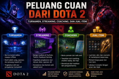 Pelajari peluang cuan dari Dota 2 melalui turnamen, streaming, coaching, hingga jual item dengan cara aman dan realistis untuk pemain pemula.