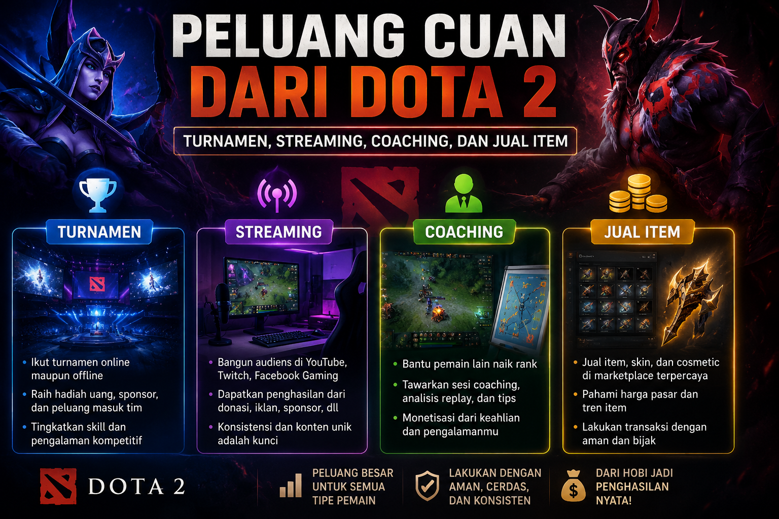 Pelajari peluang cuan dari Dota 2 melalui turnamen, streaming, coaching, hingga jual item dengan cara aman dan realistis untuk pemain pemula.